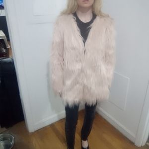 Pale pink shaggy faux fur coat, hook eye front closure